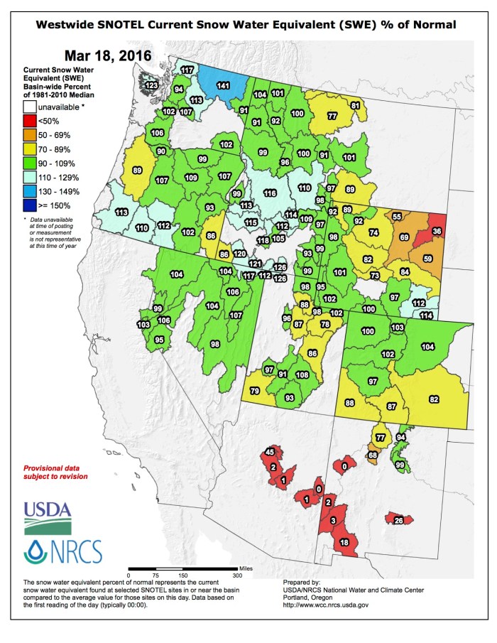 Westwide SNOTEL map March 18, 2016 via the NRCS.