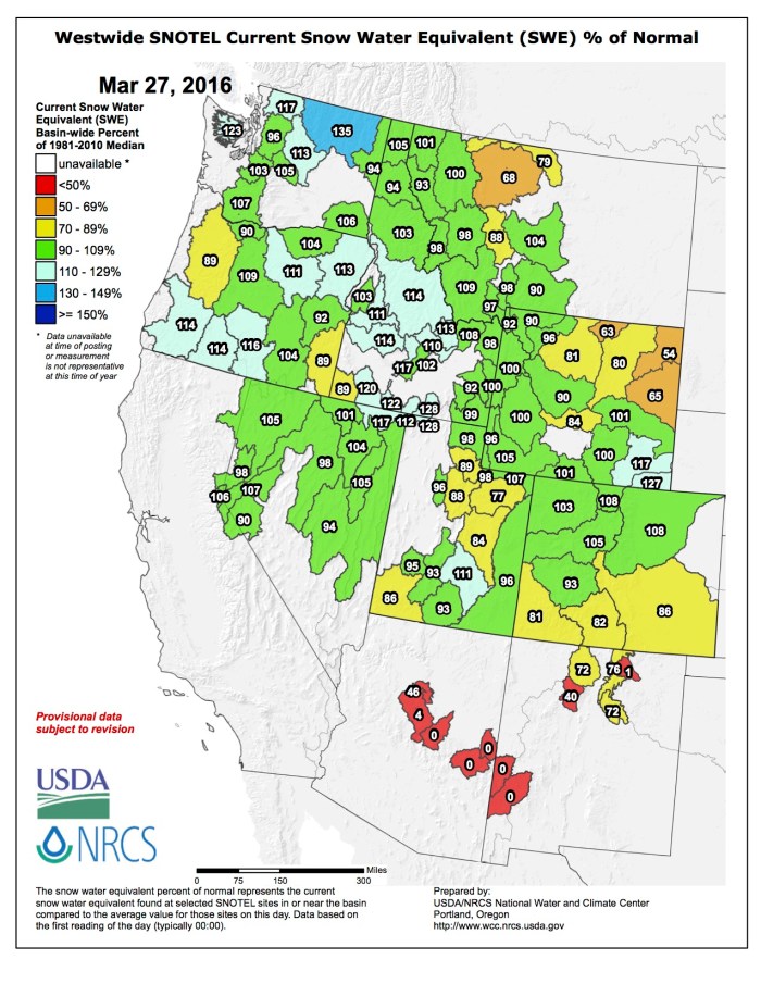 Westwide SNOTEL map March 27, 2016 via the NRCS.