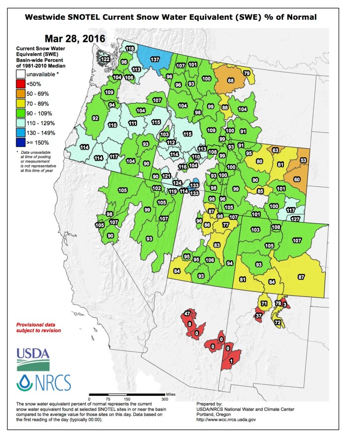 Westwide SNOTEL map March 28, 2016 via the NRCS