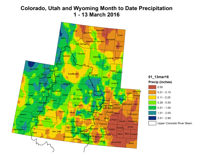 Upper Colorado River Basin  month to date precipitation through March 16, 2016 via the Colorado Climate Center.