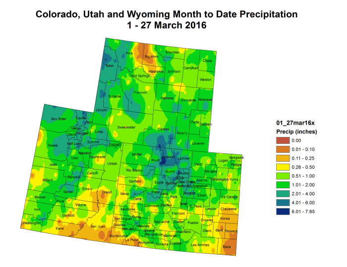 Upper Colorado River Basin month to date precipitation for March 2016 through the 27th.