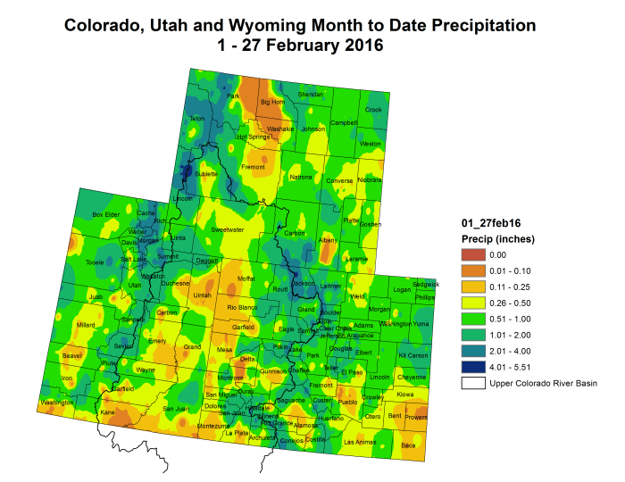 Upper Colorado River Basin month to date precipitation through February 27, 2016 via the Colorado Climate Center.