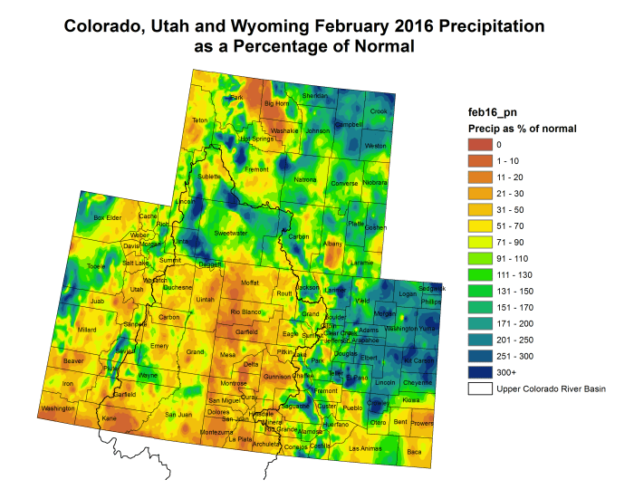 Upper Colorado River Basin precipitation as a percent of normal February 2016 via the Colorado Climate Center.