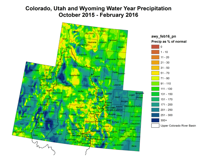 Upper Colorado River Basin precipitation as a percent of normal Water Year 2016 through February 29, 2016.