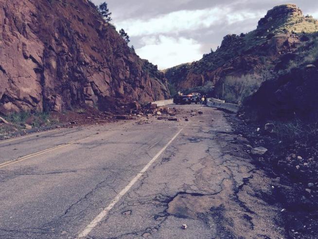 A rock slide just west of Manitou Springs has closed the exit off U.S. 24, Memorial Day morning, May 25, 2015. (Colorado State Patrol via Twitter)