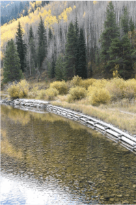 This revegetation project uses log cribbing to hold the bank of Gore Creek in place while the plants get established. The logs will slowly decay. Photo credit Jack Affleck via The Mountain Town News.