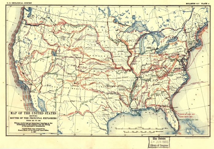 Map of the United States showing routes of principal explorers, from 1501 to 1844. https://www.loc.gov/item/99446132/ [Click to enlarge]