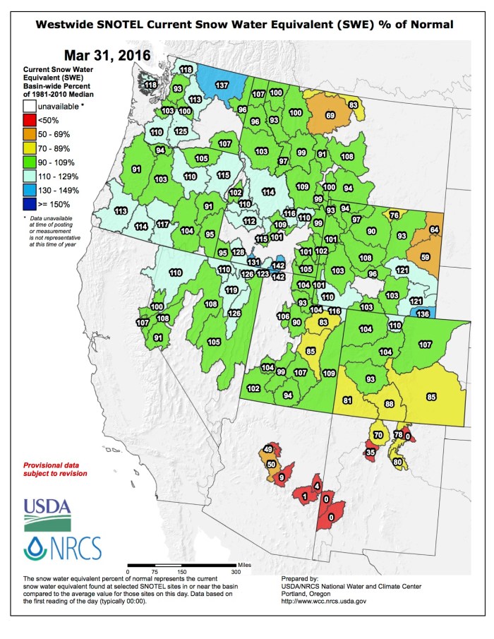 Westwide SNOTEL map March 31, 2016 via the NRCS.