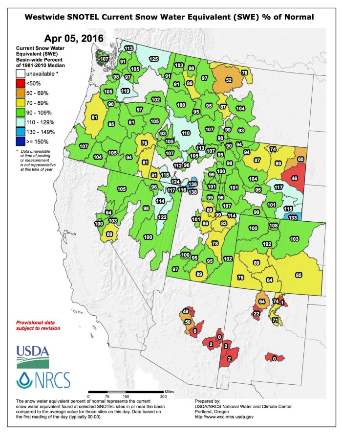 Westwide SNOTEL map April 5, 2016 via the NRCS.