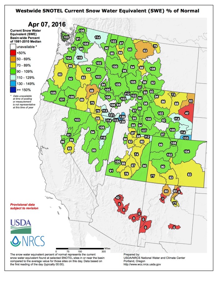 Westwide SNOTEL map April 7, 2016 via the NRCS.