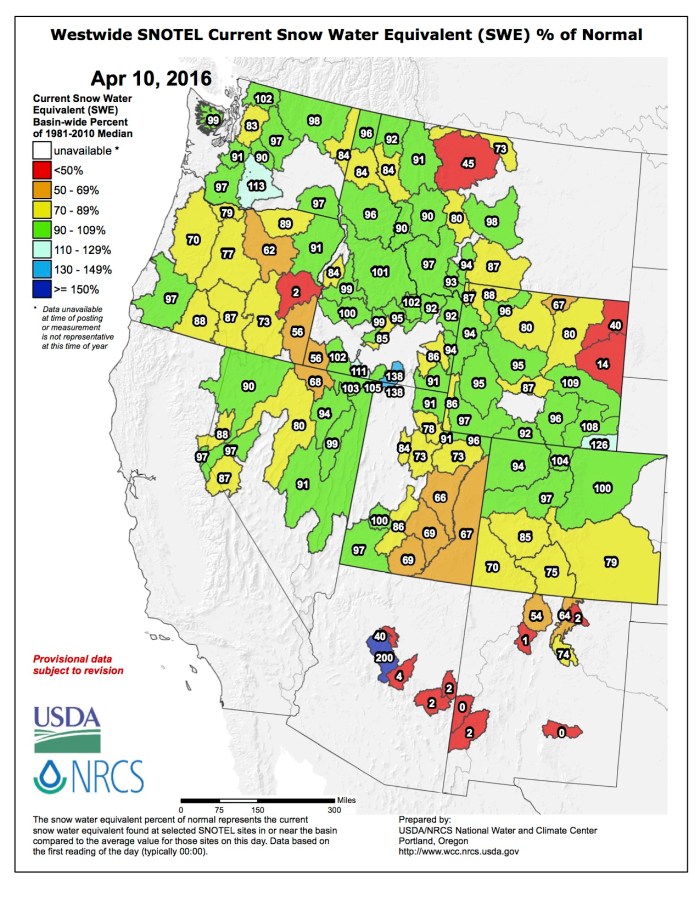 Westwide SNOTEL map April 10, 2015 via the NRCS.