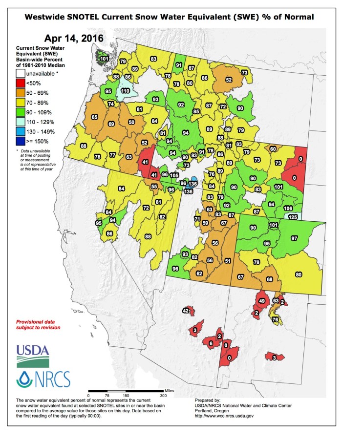 Westwide SNOTEL map April 14, 2016 via the NRCS.