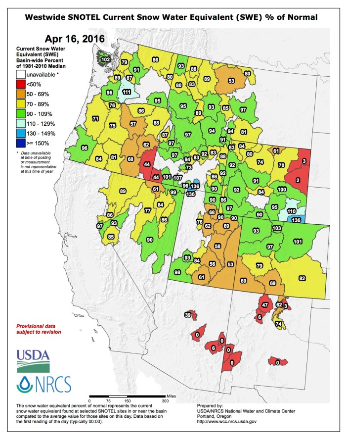 Westwide SNOTEL map April 16, 2016 via the NRCS.