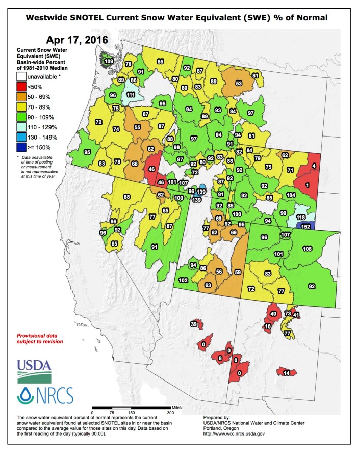 Westwide SNOTEL map April 17, 2016 via the NRCS.
