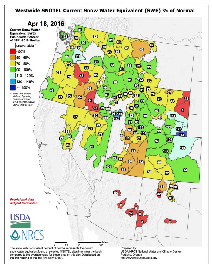 Westwide SNOTEL map April 18, 2016 via the NRCS.