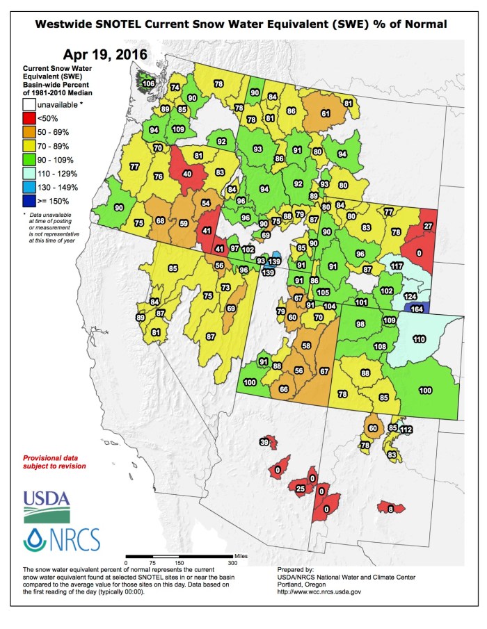 Westwide SNOTEL map April 19, 2016 via the NRCS