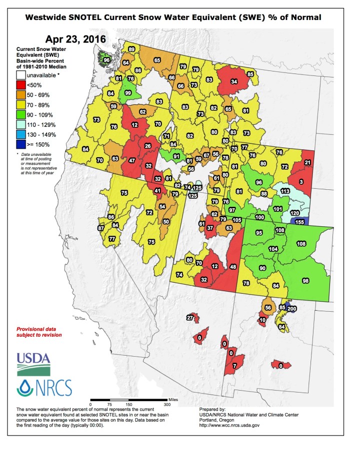 Westwide SNOTEL map April 23, 2016 via the NRCS.