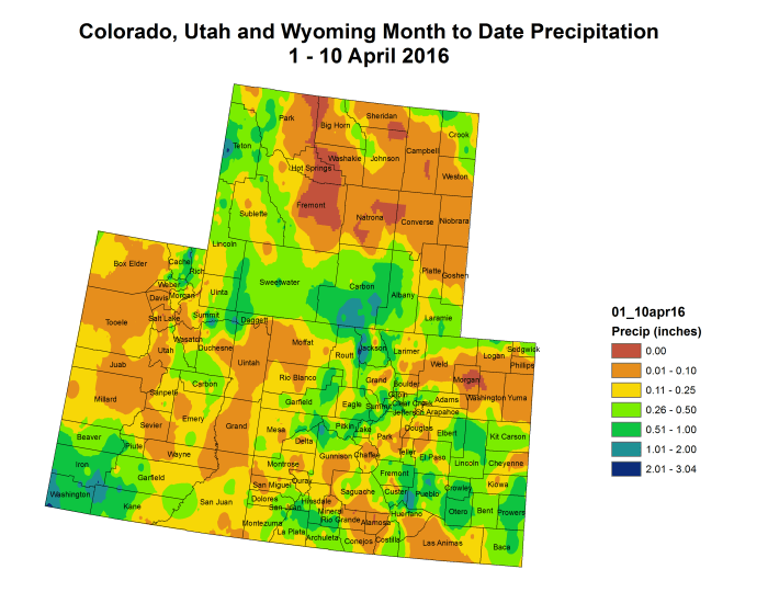 Upper Colorado River Basin month to date precipitation through April 10, 2016 via the Colorado Climate Center.