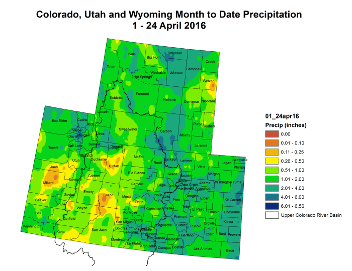 Upper Colorado River Basin month to date precipitation  through April 24, 2016