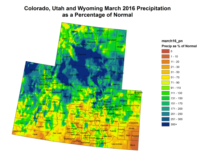 Upper Colorado River Basin precipitation as a percent of normal March 2016 via the Colorado Climate Center.