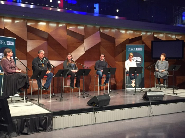 NPR panel discussion of The Future of Water at CSU May 24, 2016. L to R: Patty Limerick, Roger Frugua, Melissa Mays, Paolo Bacigalupi, Kathleen Curry, and host Michel Martin.