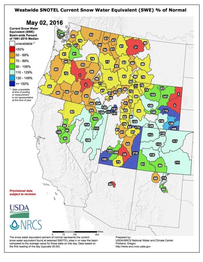 Westwide SNOTEL map May 2, 2016 via the NRCS.