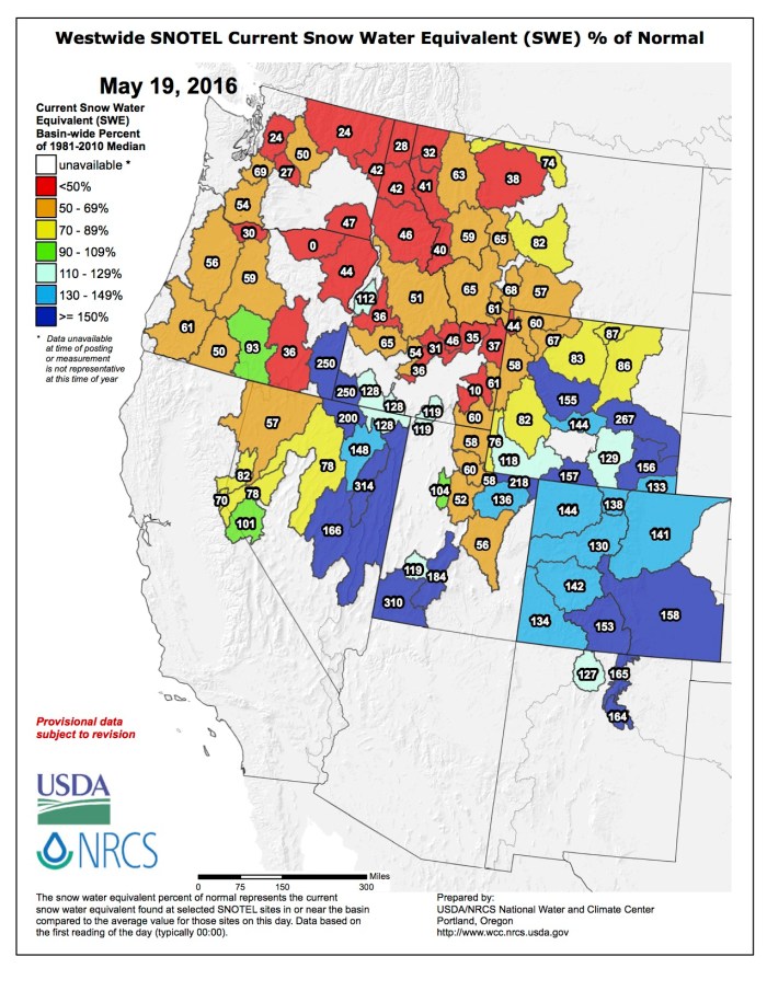Westwide SNOTEL map May 19, 2016 via the NRCS.