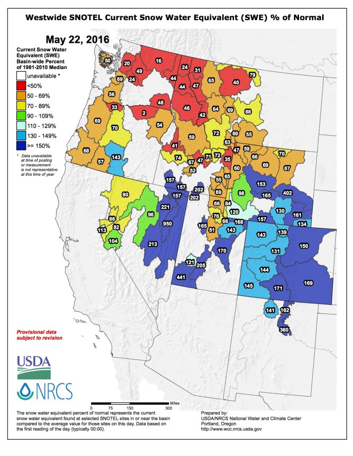 Westwide SNOTEL map May 22, 2016 via the NRCS.