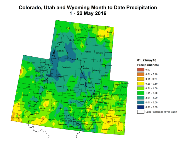 Upper Colorado River Basin month to date precipitation through May 22, 2016 via the Colorado Climate Center.