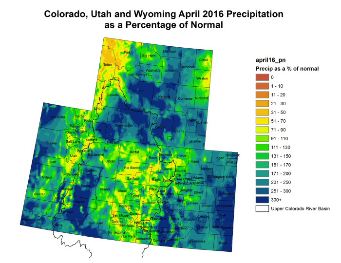 Upper Colorado River Basin April 2016 precipitation as a percent of normal.