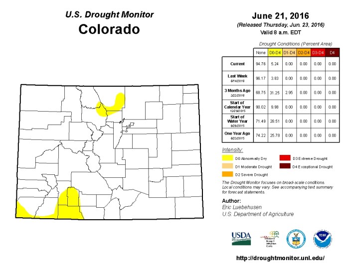 Colorado Drought Monitor June 21, 2016.