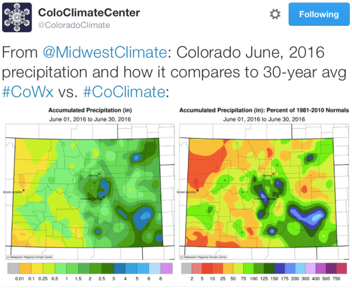 Colorado June, 2016 precipitation and how it compares to 30year avg