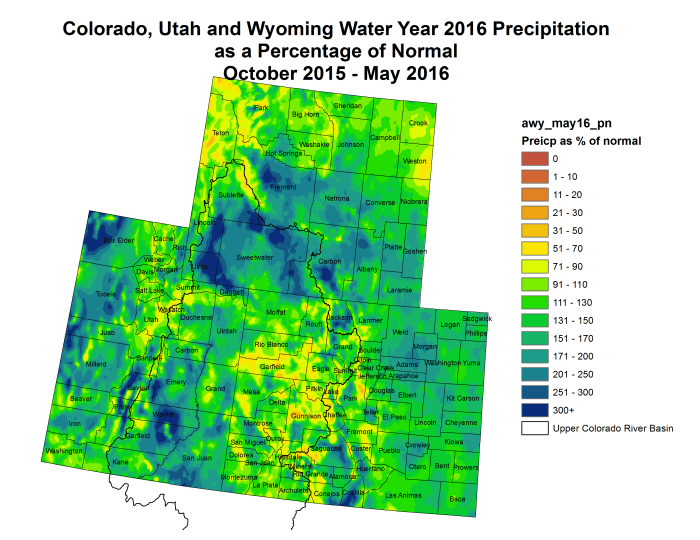 Upper Colorado River Basin Water Year 2016 precipitation as a percent of normal via the Colorado Climate Center.