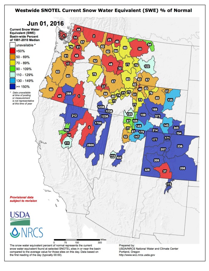 Westwide SNOTEL map June 1, 2016 via the NRCS.