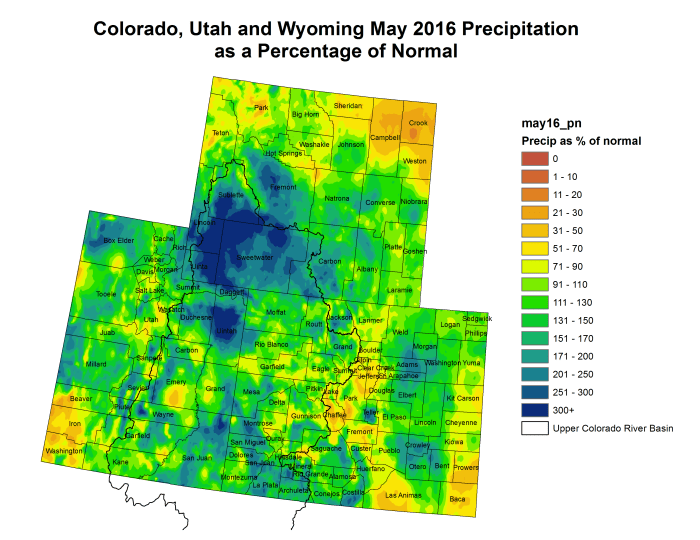Upper Colorado River Basin May 2016 precipitation as a percent of normal via the Colorado Climate Center.