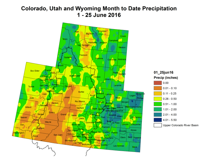Upper Colorado River Basin month to date precipitation through June 25, 2016 via the Colorado Climate Center.