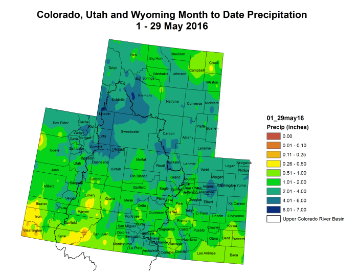 Upper Colorado River Basin month to date precipitation through May 29, 2016 via the Colorado Climate Center.