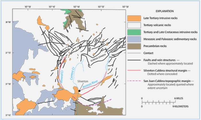 Geologic map of the Silverton Caldera showing the Animas River, Cement Creek and Mineral Creek, which outline the ring-shaped caldera. Much of the mineralization occurs in radial and graben faults. Credit: USGS/Church, von Guerard and Finger, 2007 (modified from Casadevall and Ohmoto, 1977).