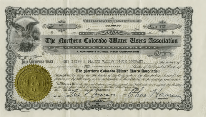 Northern Colorado Water User's Association stock certificates photo via the Colorado Water Institute