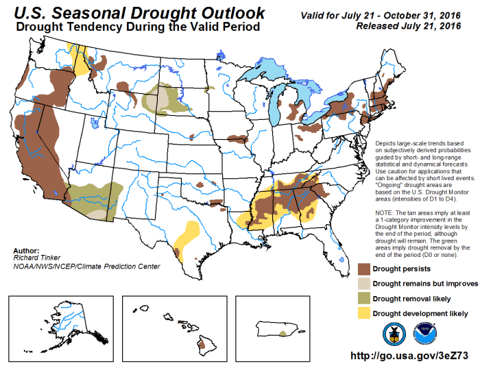 Seasonal drought outlook valid July 21 through October 31, 2016 via the Climate Prediction Center.