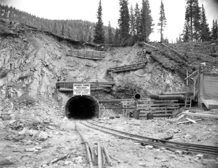 The south portal of the Vasquez Tunnel is shown in this 1957 photo. Via Denver Water.