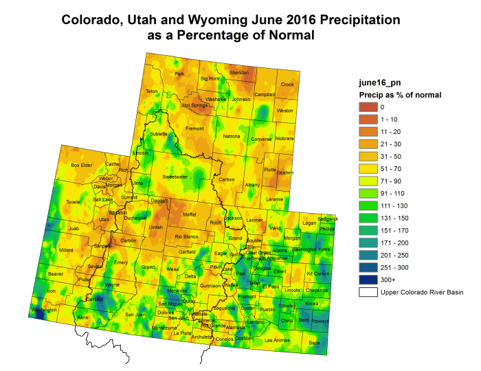 Upper Colorado River Basin precipitation as a percent of normal June 2016 via the Colorado Climate Center.