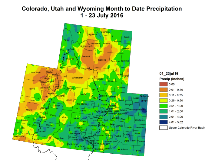 Upper Colorado River Basin month to date precipitation through July 23, 2016 via the Colorado Climate Center.