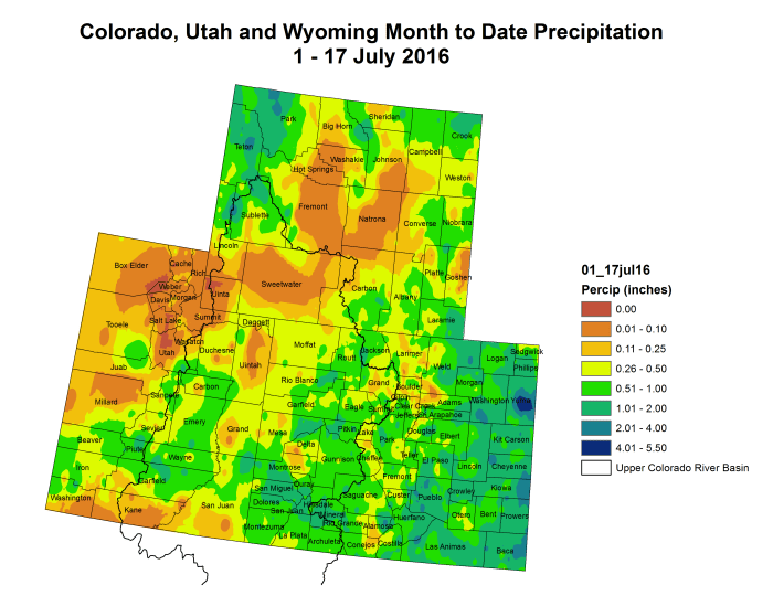Upper Colorado River Basin month to date precipitation through July 17, 2016.