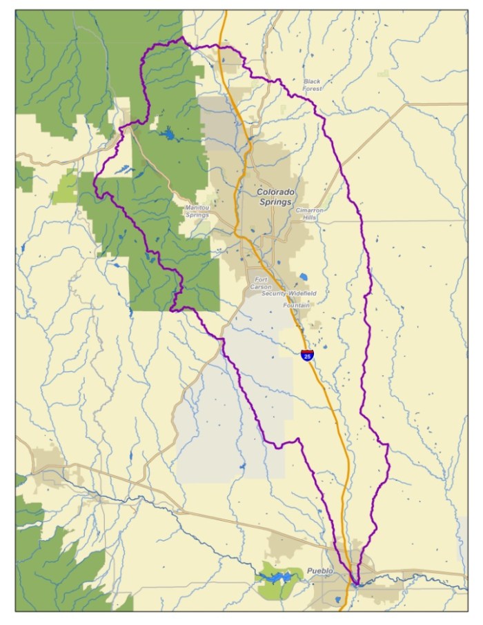 The Fountain Creek Watershed is located along the central front range of Colorado. It is a 927-square mile watershed that drains south into the Arkansas River at Pueblo. The watershed is bordered by the Palmer Divide to the north, Pikes Peak to the west, and a minor divide 20 miles east of Colorado Springs. Map via the Fountain Creek Watershed Flood Control and Greenway District.