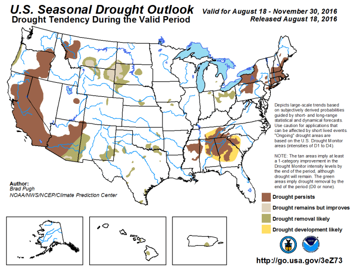 US Seasonal Drought Outlook August 18 through November 30, 2016 via the Climate Predication Center.