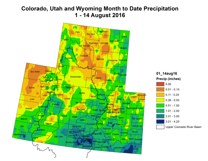 Upper Colorado River Basin month to date precipitation through August 15, 2016.
