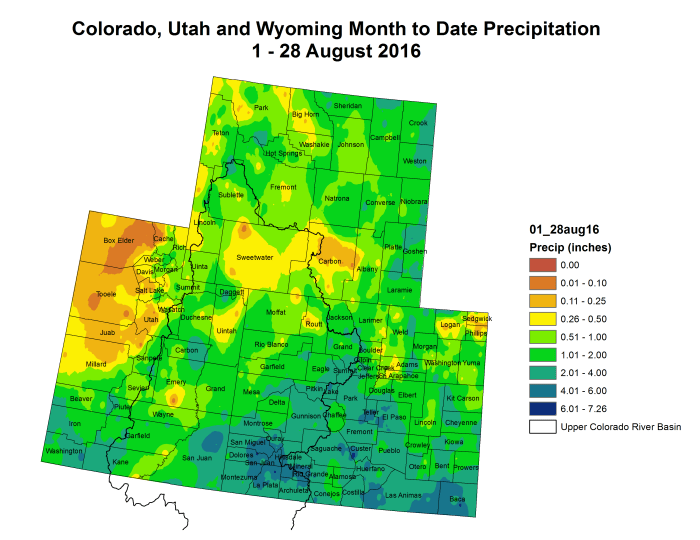 Upper Colorado River Basin month to date precipitation through August 28, 2016.