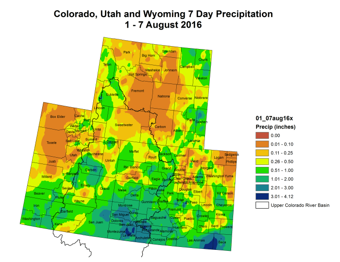 Upper Colorado River Basin month to date precipitation through August, 7, 2016 via the Colorado Climate Center.
