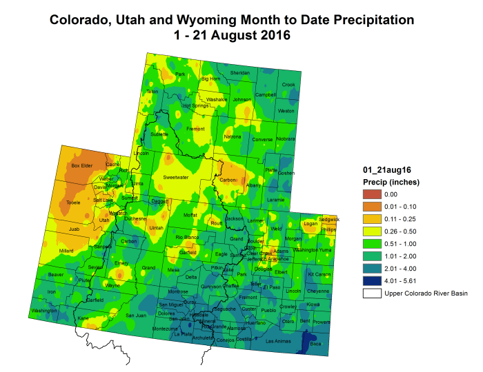Upper Colorado River Basin month to date precipitation through August 21, 2016 via the <a href="http://climate.colostate.edu/~drought/">Colorado Climate Center</a>.